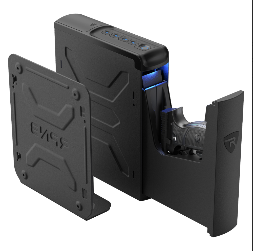 A black gun safe with two removable side panels and a digital keypad, showing a handgun secured inside. The safe is illuminated with a blue light.